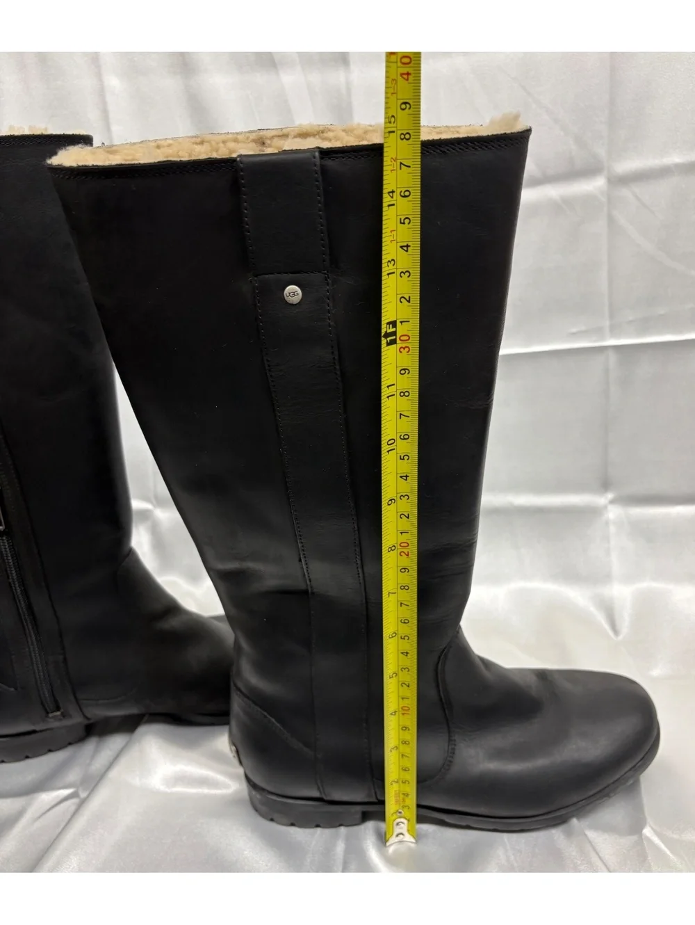 UGG Junipero Black Leather Riding Boots with Shearling Lining, Size 8 Women’s